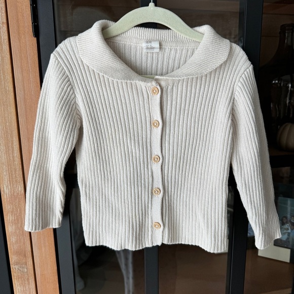 H&M kids cardigan sweater ribbed cotton top button down collar beige toddler - Picture 1 of 7